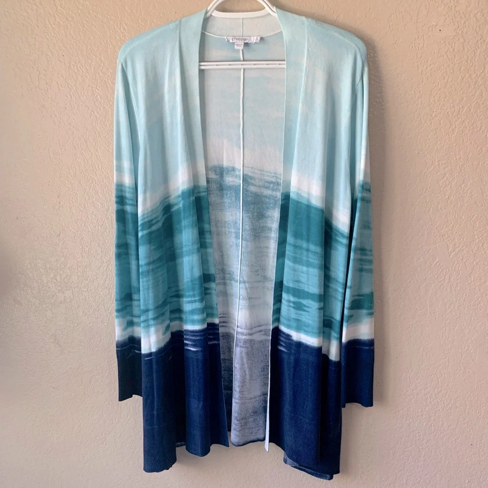 Chicos Ocean Spun Ombre Open Front Coastal Cardigan Size L